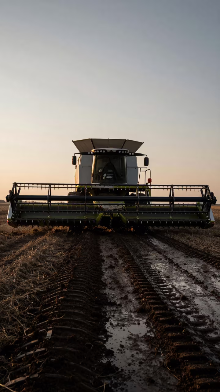 Combine Harvester Header Washing Station at Twilight in beside a tractor track through dark soil in Missouri