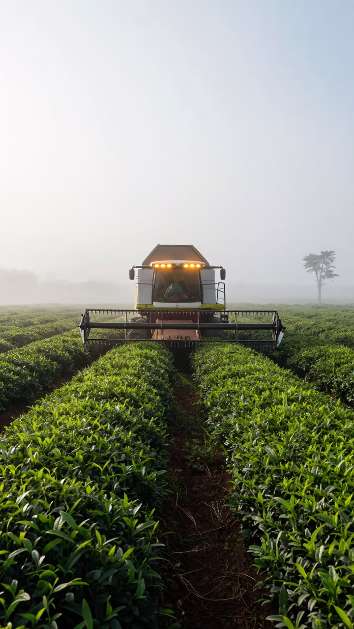 Combine Harvester Light Bar Glowing in Midday Dust in at the edge of a tea plantation near Tangier
