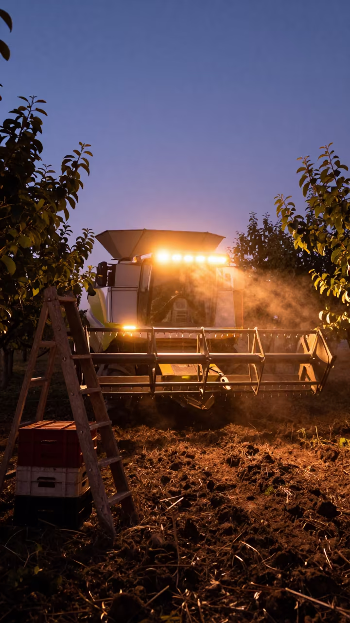 Combine Harvester Light Bar Glowing in Twilight in among orchard ladders and crates in Ecuador