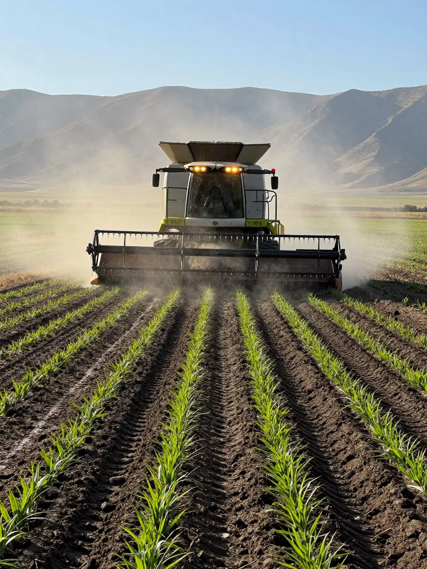 Combine Harvester Light Bar in Morning Dust in along freshly irrigated rows in Daşoguz