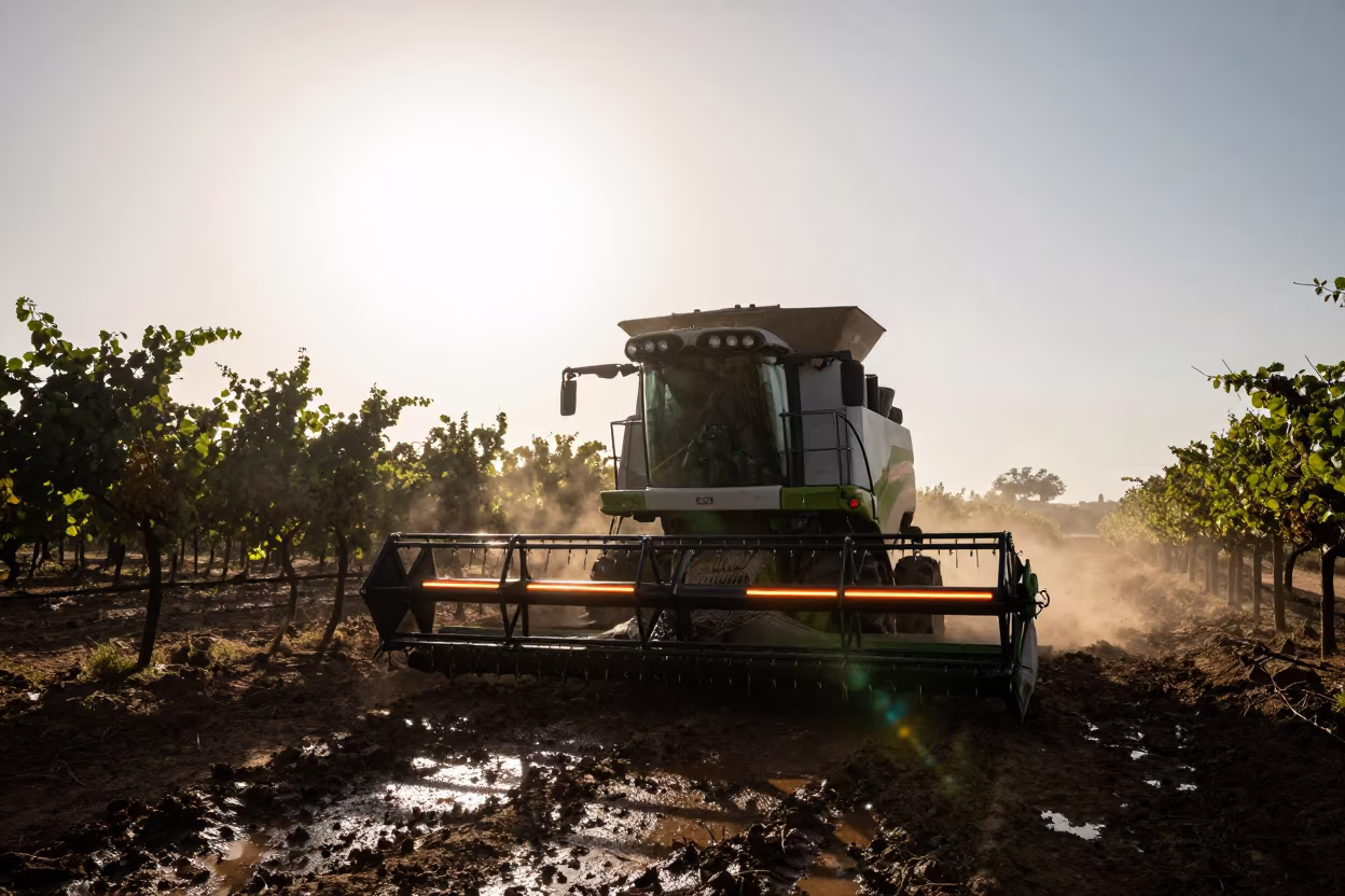 Silhouetted Combine Harvester Light in Harar Vineyard in between vineyard trellises in Harar