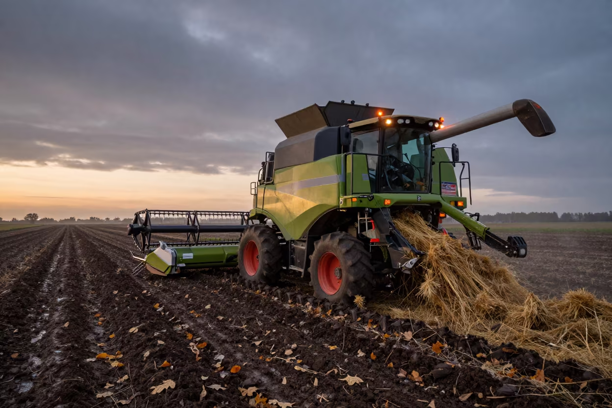 Combine Harvester in Morning Dust After Storm in beside a tractor track through dark soil in Petropavl
