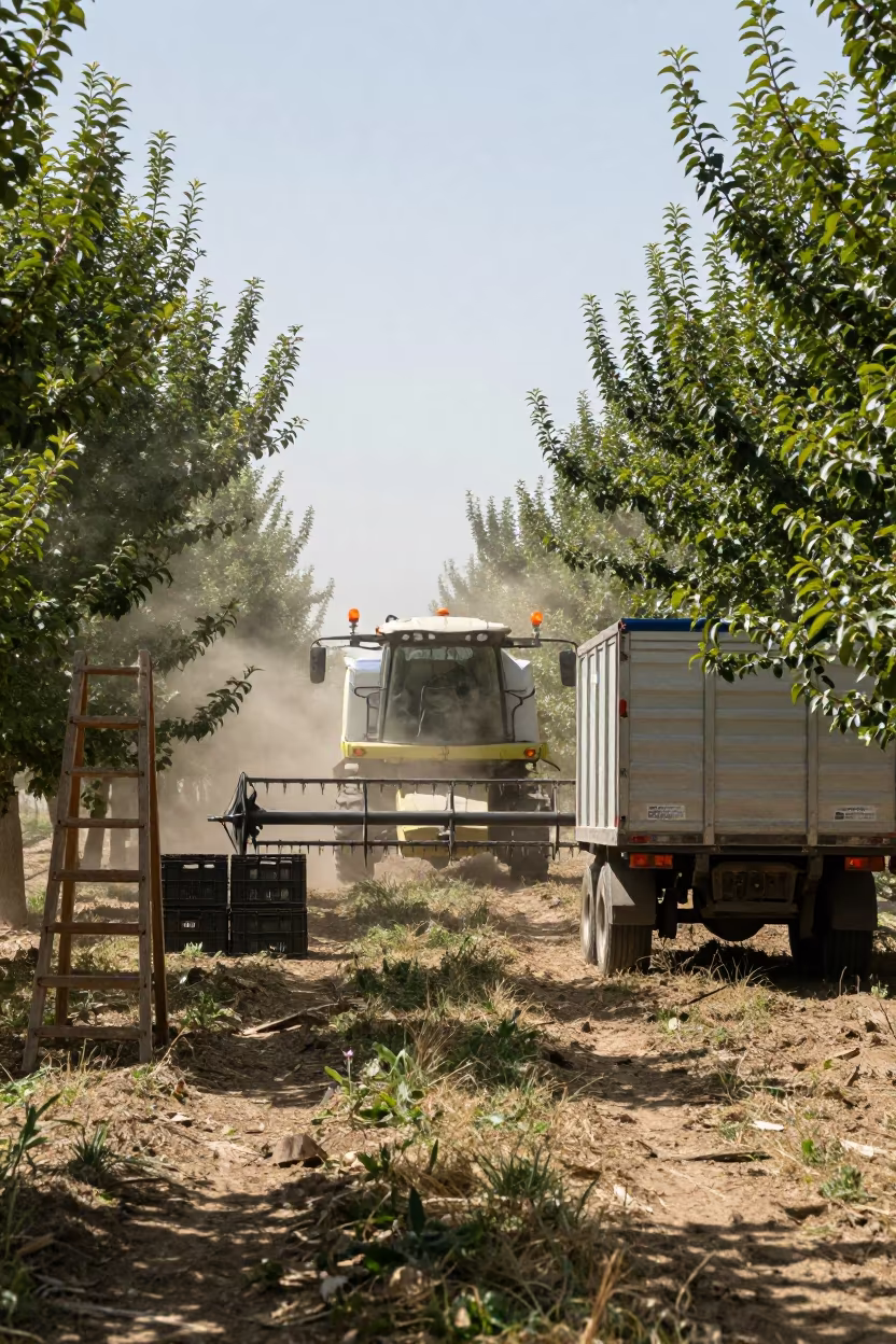 Combine Harvester Blinking in Midsummer Tajik Dust in among orchard ladders and crates in Tajikistan