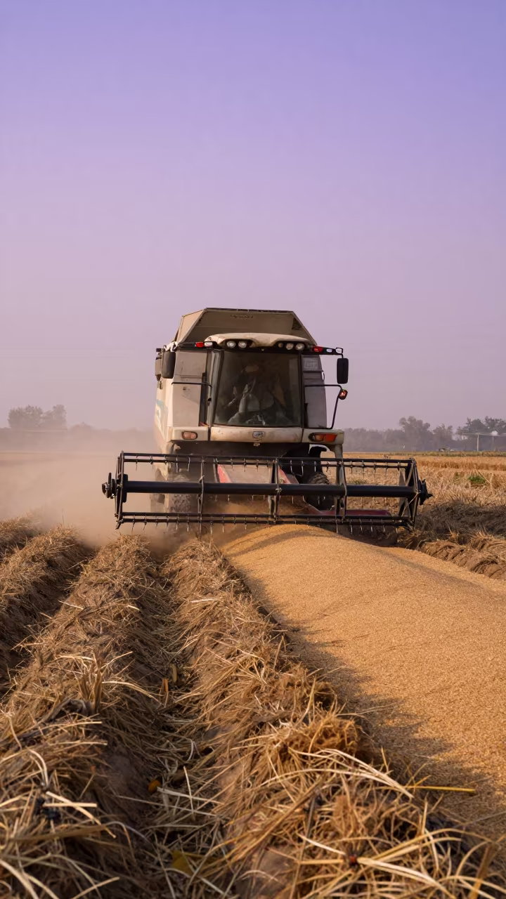 Combine Harvester Unloading Grain Violet Sunset Chengdu in along freshly irrigated rows near Kuanzhai Alley, Chengdu
