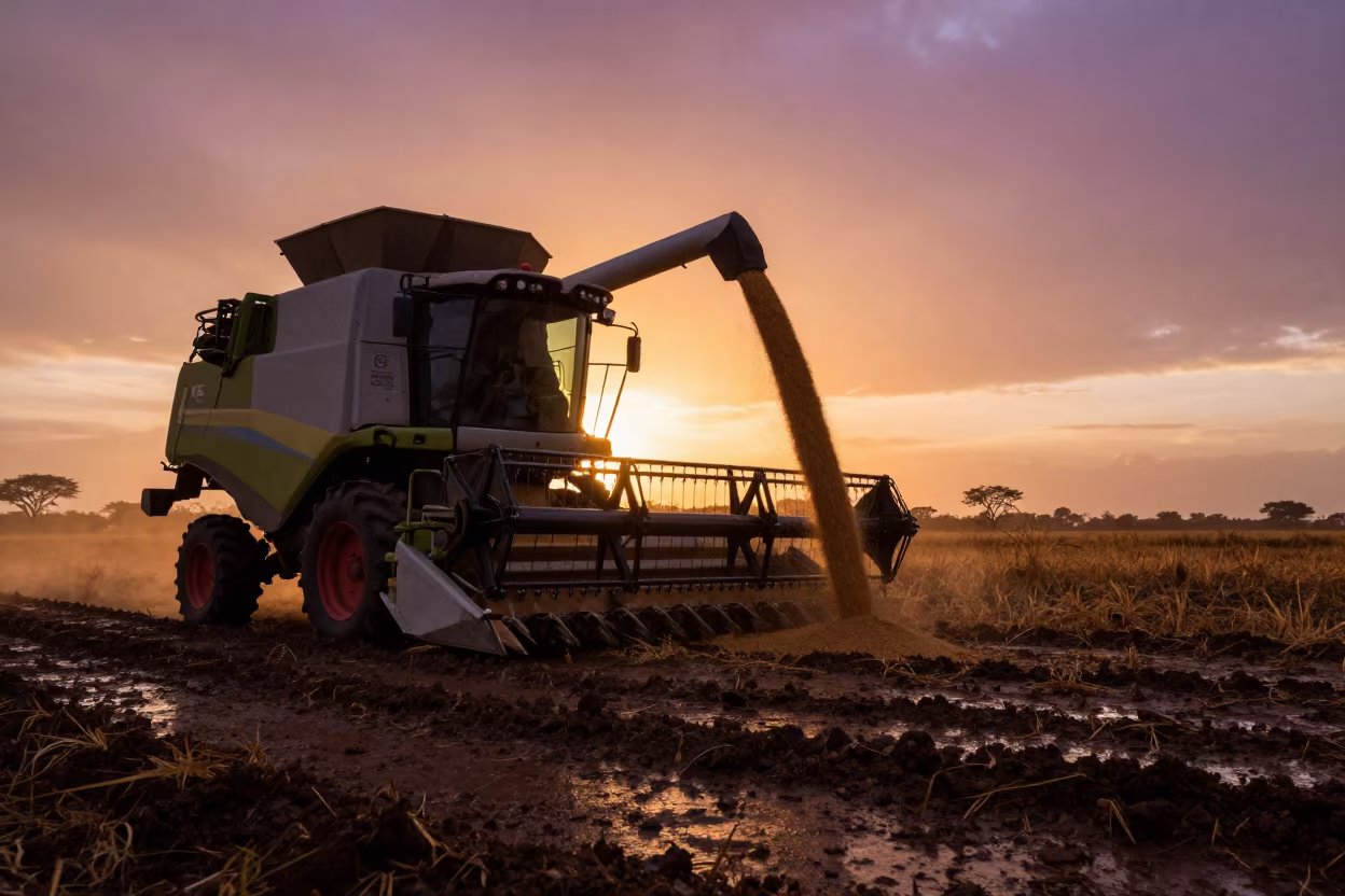 Combine Harvester Unloading Grain at Violet Sunset in beside a tractor track through dark soil in Zambia