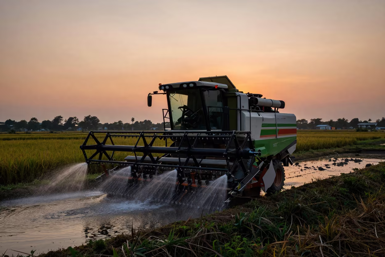 Silhouetted Combine Harvester Washing at Twilight Rice Paddies in among terraced rice paddies near Cholon, Ho Chi Minh City