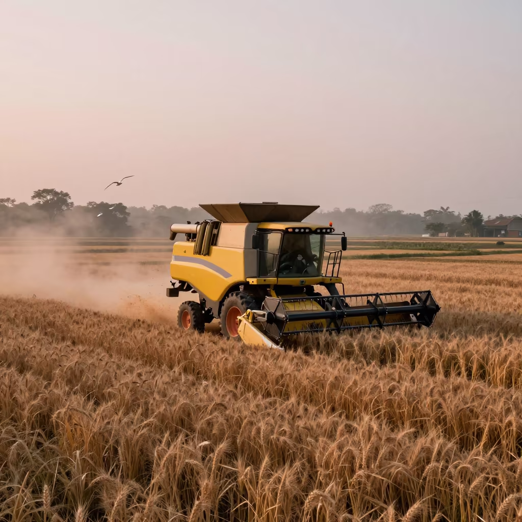 Combine Harvester Moves Through Wheat Mist in among terraced rice paddies near Tamale