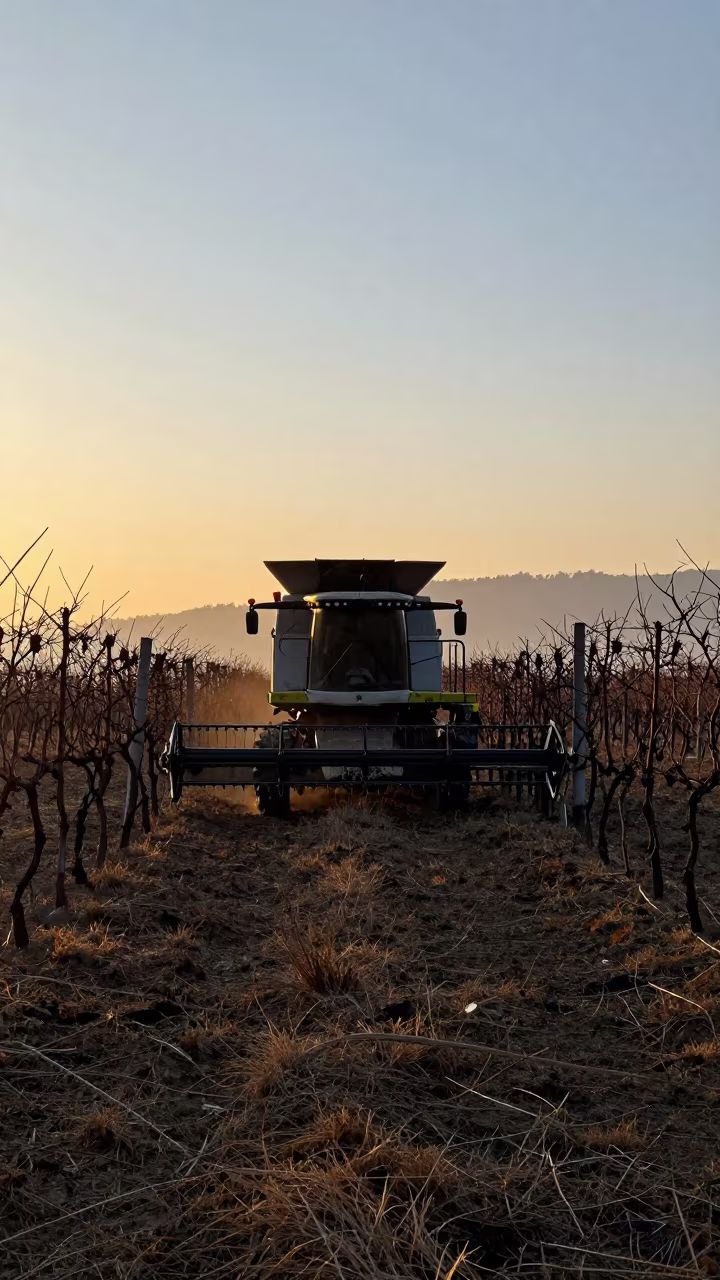 Silhouette Combine Harvester Winter Sunset Sikkim Vineyard in between vineyard trellises in Sikkim