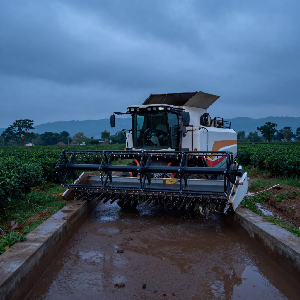 Combine Header Washing Station Dusk Laos in at the edge of a tea plantation in Laos