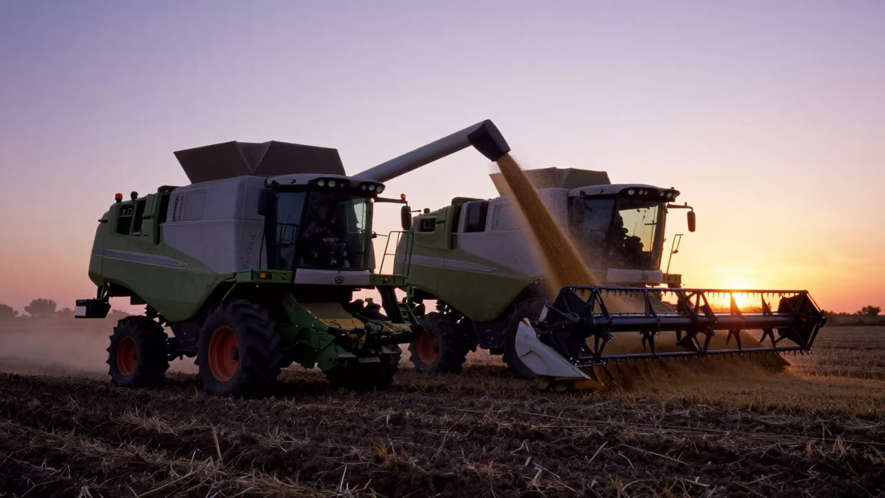 Combine Unloading Grain at Violet Sunset in beside a tractor track through dark soil in Sol, Madrid
