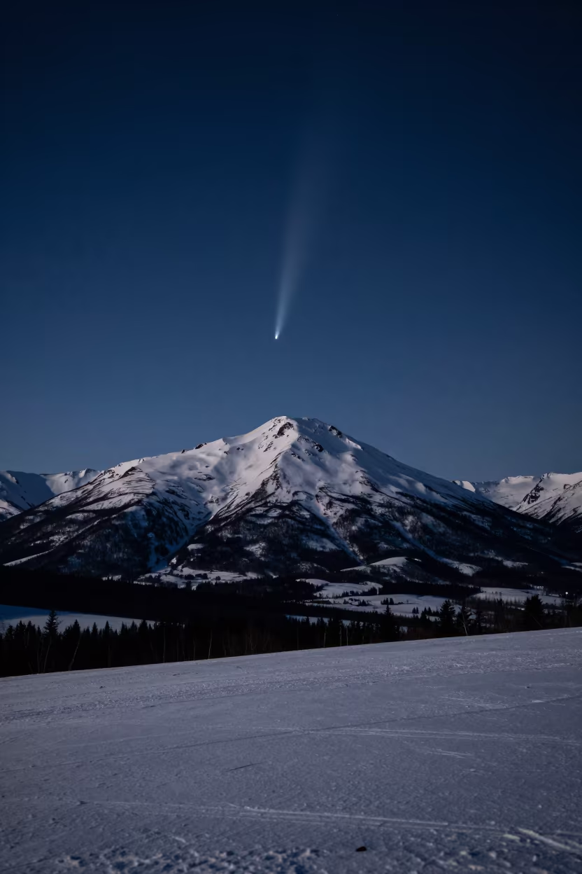 Comet Tail Over Anchorage Snow Peak in beneath a hard winter sky over snowfields near Anchorage