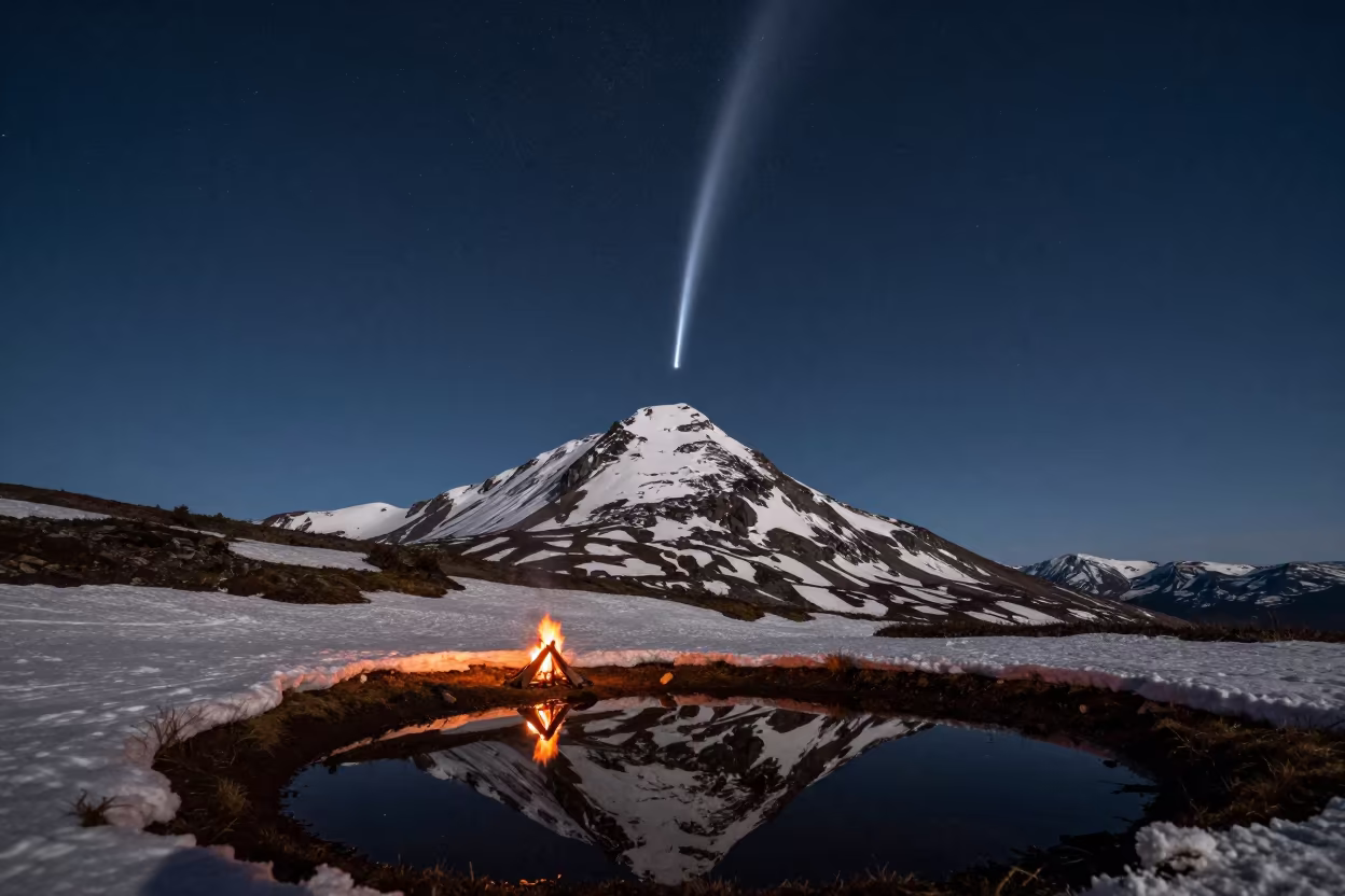 Comet Tail Over Snow Peak Finland Night in from a quiet alpine saddle in Finland