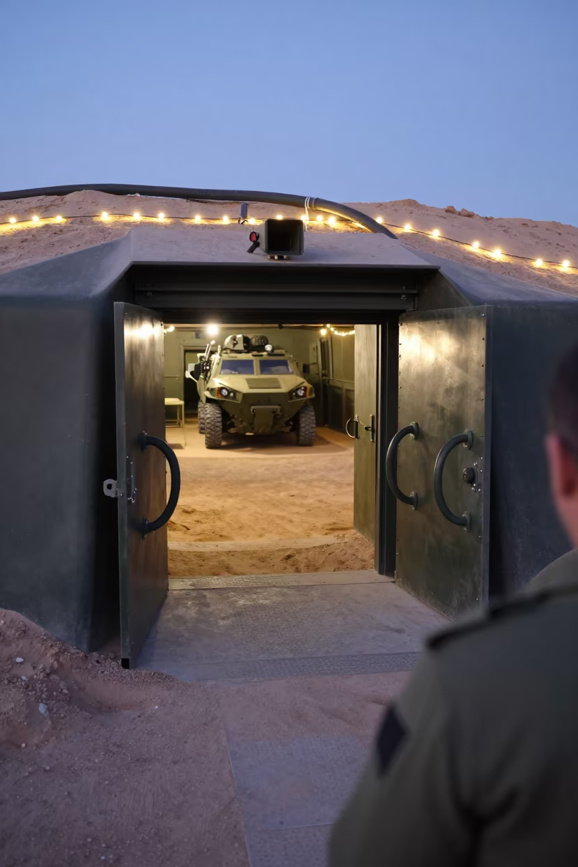 Command Bunker Entrance Blue Hour in in an armored vehicle bay near New Borg El Arab