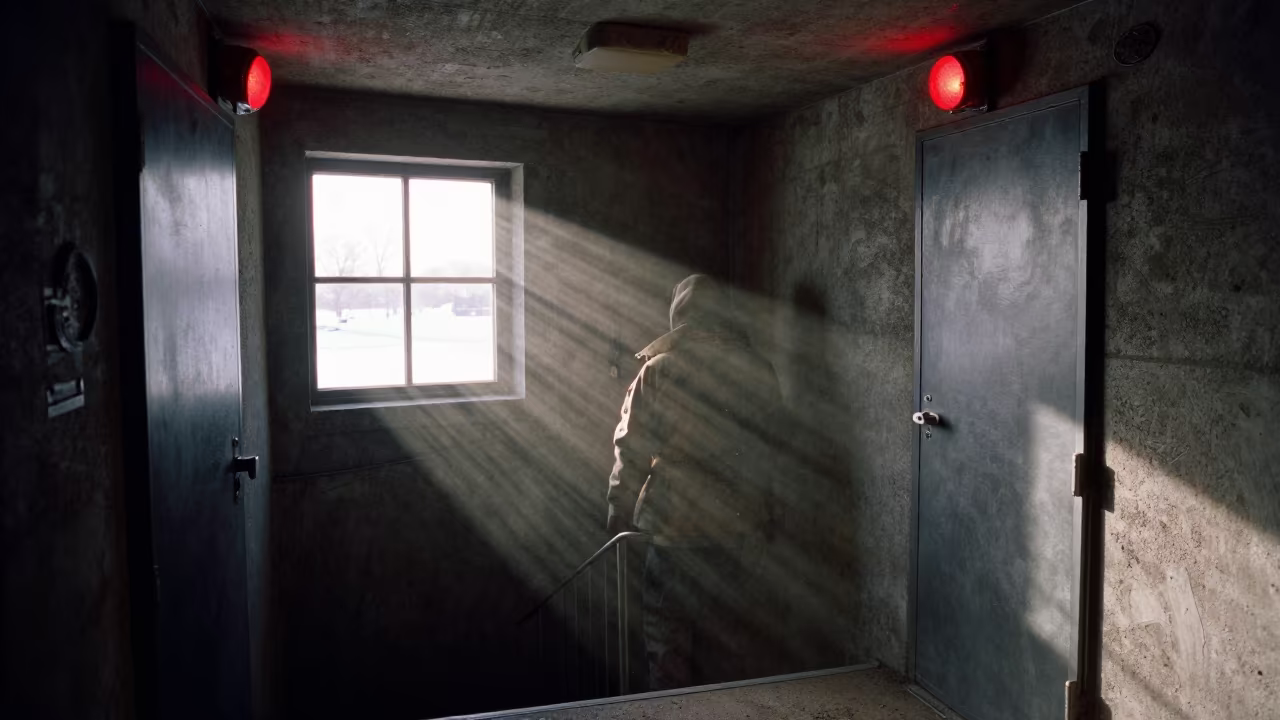 Command Bunker Stairwell Red Light Dust in inside a briefing room in Oklahoma