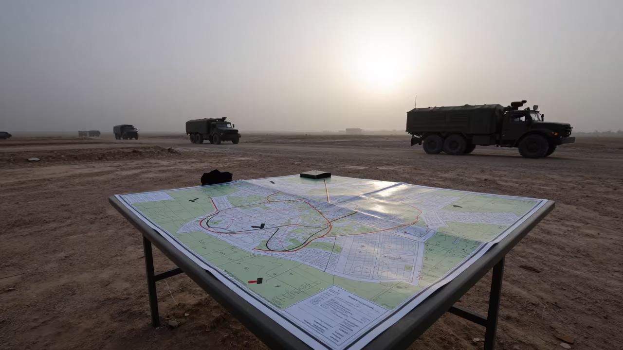 Command Map Table With Arrows At Dawn Sulaymaniyah in beside a convoy halt on open ground in Sulaymaniyah