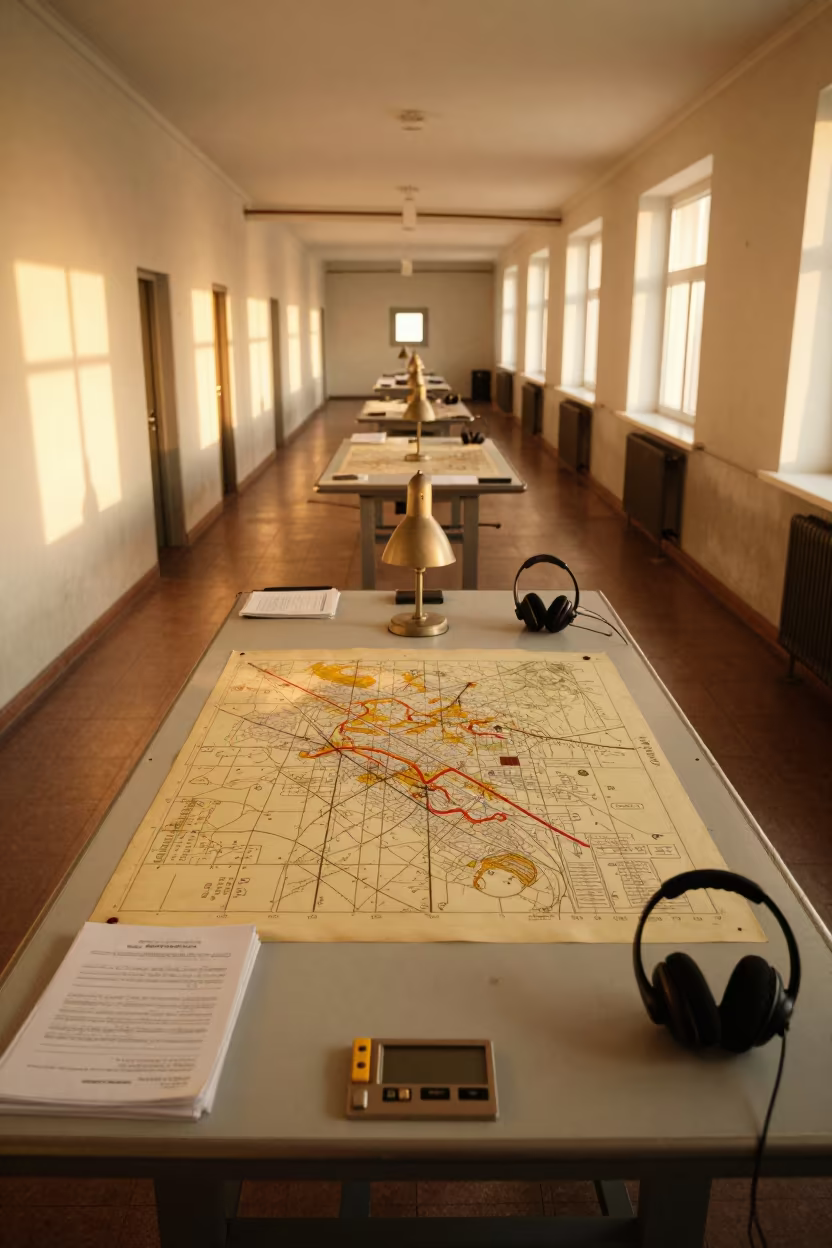 Command Post Map Lamps and Overlays at Golden Hour in inside a barracks corridor in Galicia