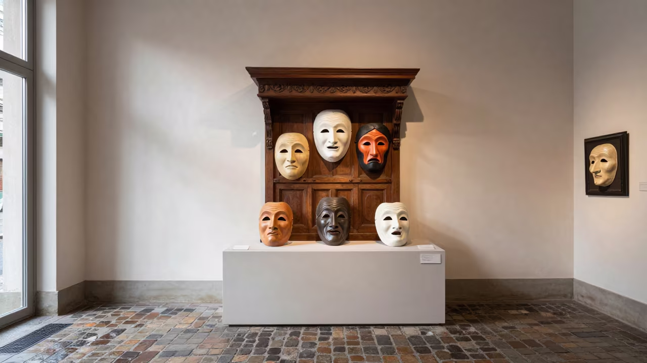 Commedia Masks on Museum Plinth Midmorning Light in on a museum plinth near Keur Massar Nord