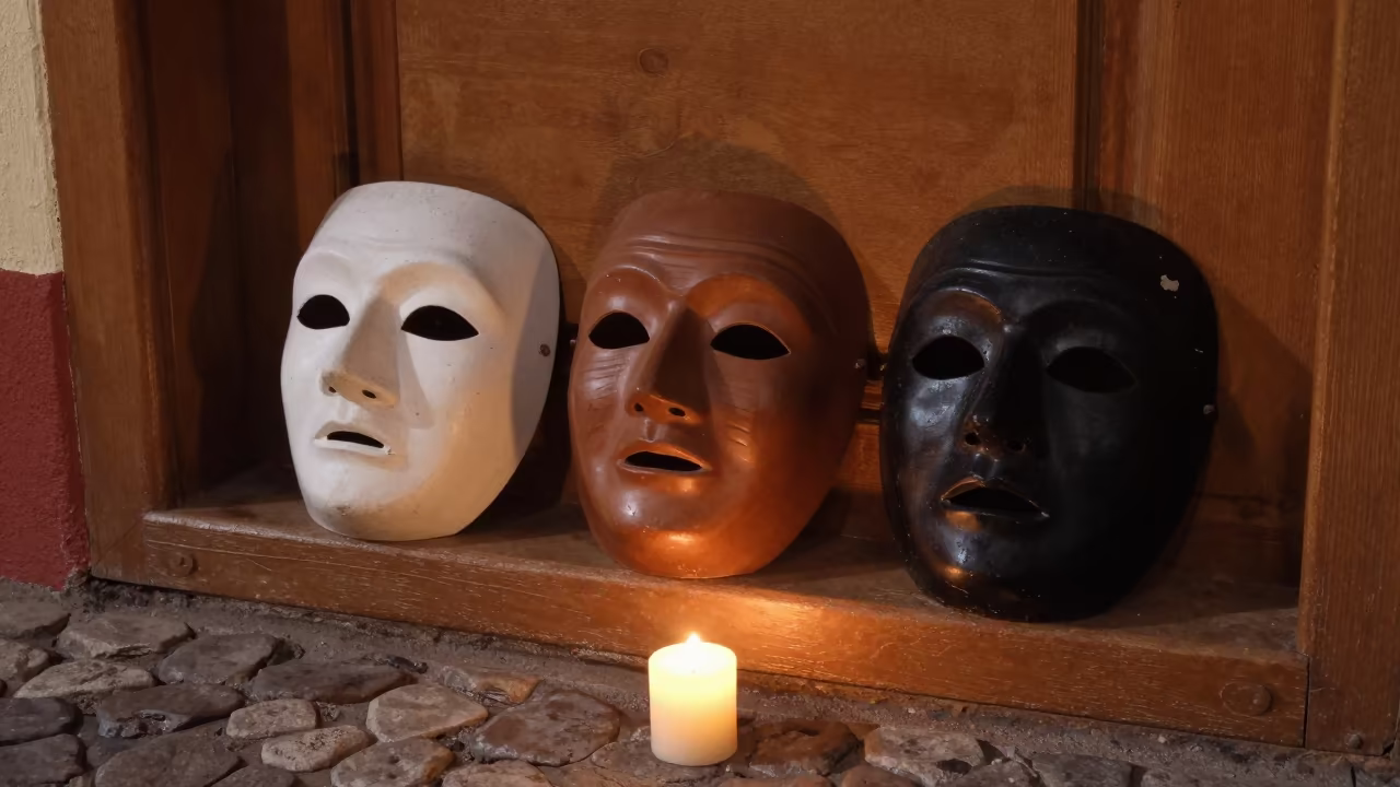 Commedia Troupe Masks on Barinas Display in on a painted display ledge in Barinas