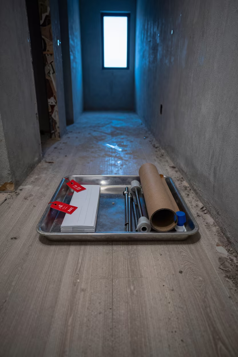 Commissioning Deficiency Tag Tray Malabo Construction Site in inside an unfinished corridor in Malabo