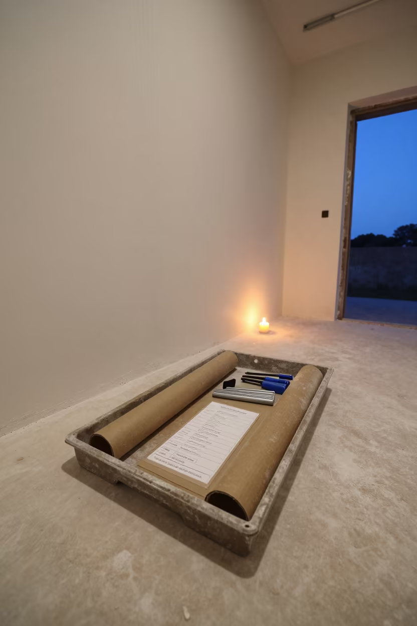 Commissioning Deficiency Tag Tray on Sardinian Drywall Staging in at a drywall staging area in Sardinia