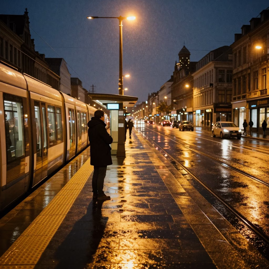 Commuter after dark in Brussels in in Brussels, Belgium