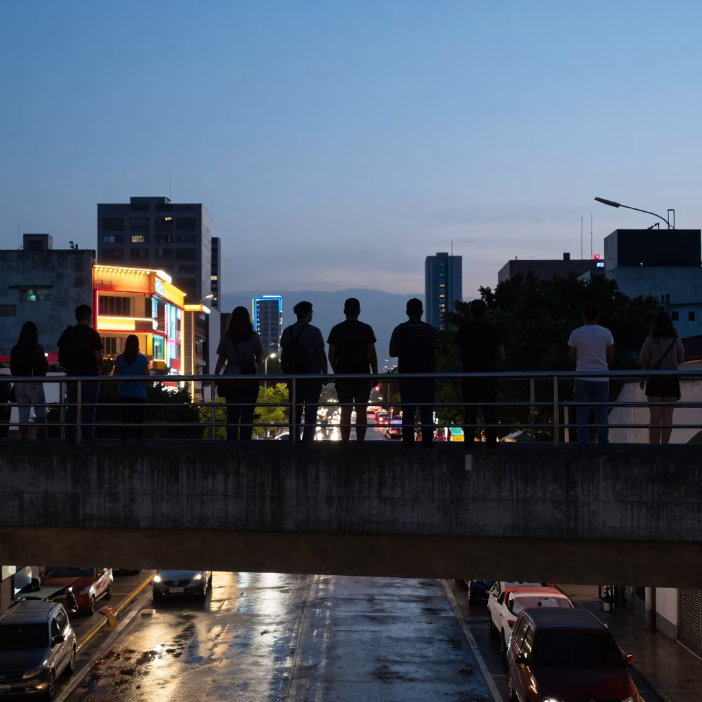 Commuter Silhouettes on Overpass Against Neon Skyline in at a tram stop in Bucaramanga