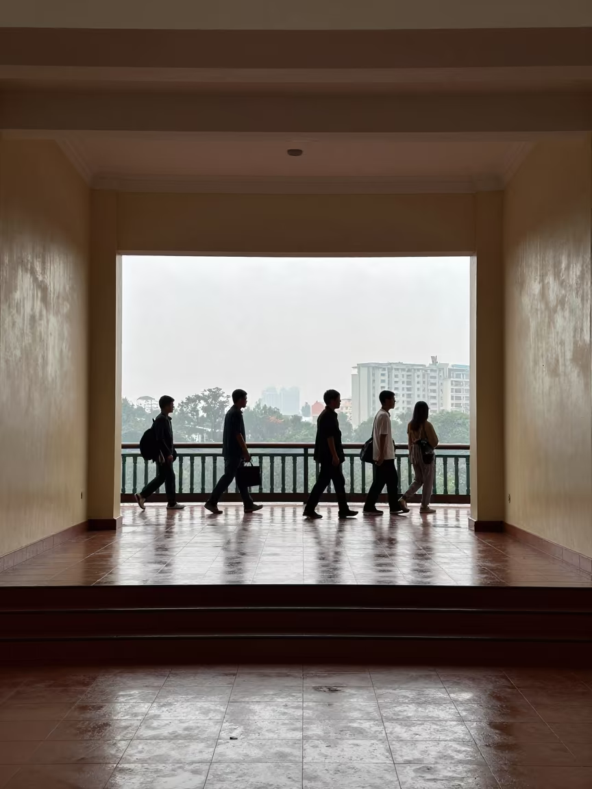 Commuter Silhouettes Rainy Hue Skyline Double Exposure in inside a tiled stair hall near Hue