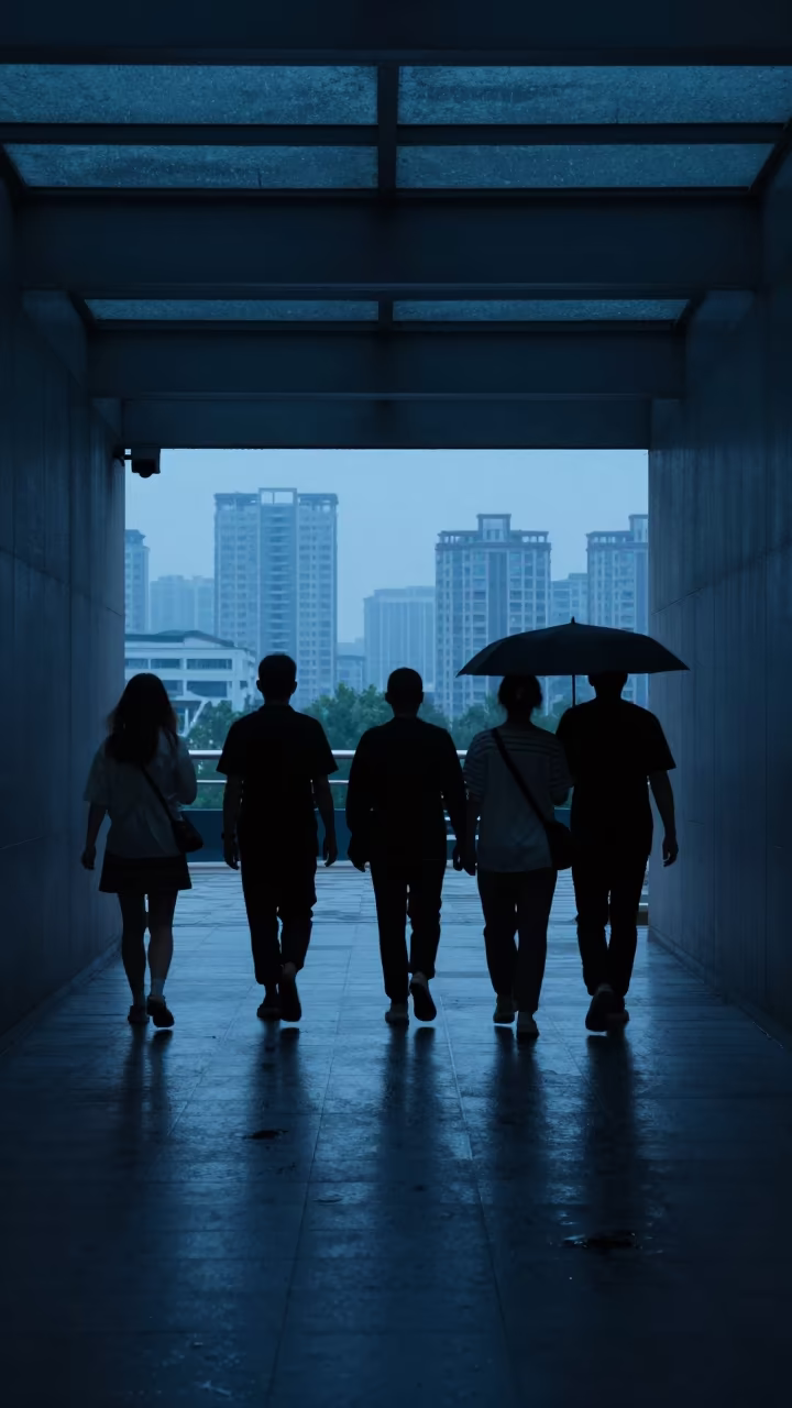 Commuter Silhouettes Over Rainy Skyline in inside a skylit passageway in Zhengzhou