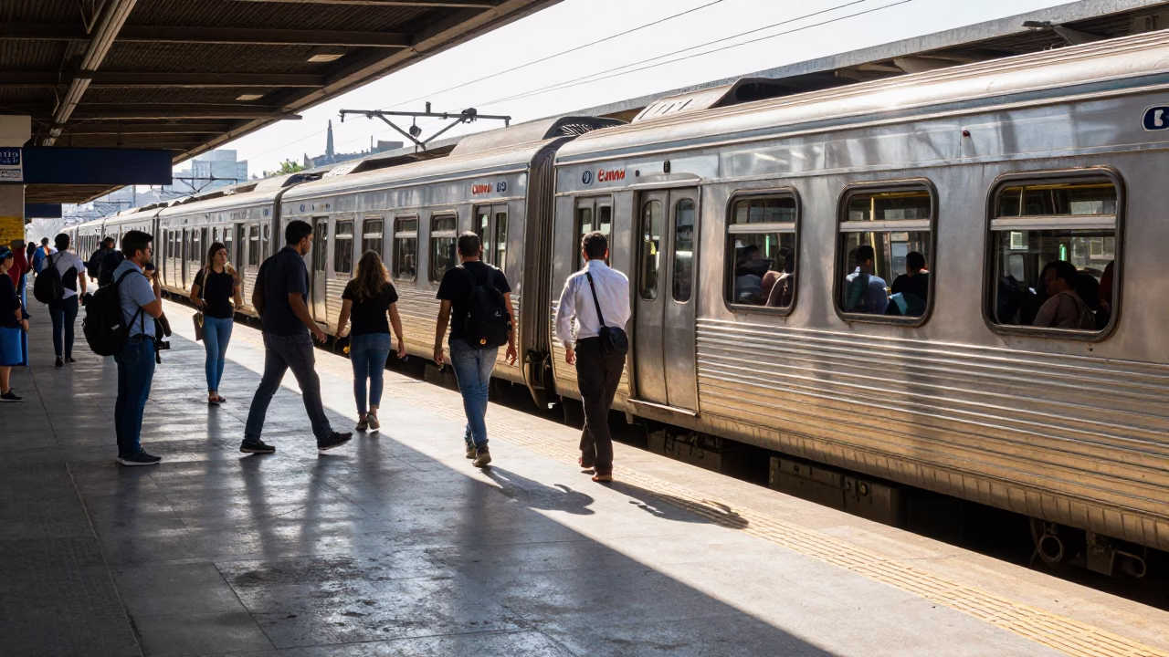 Commuter Train at Platform with Morning Commuters in Buenos Aires Argentina in in Buenos Aires, Argentina