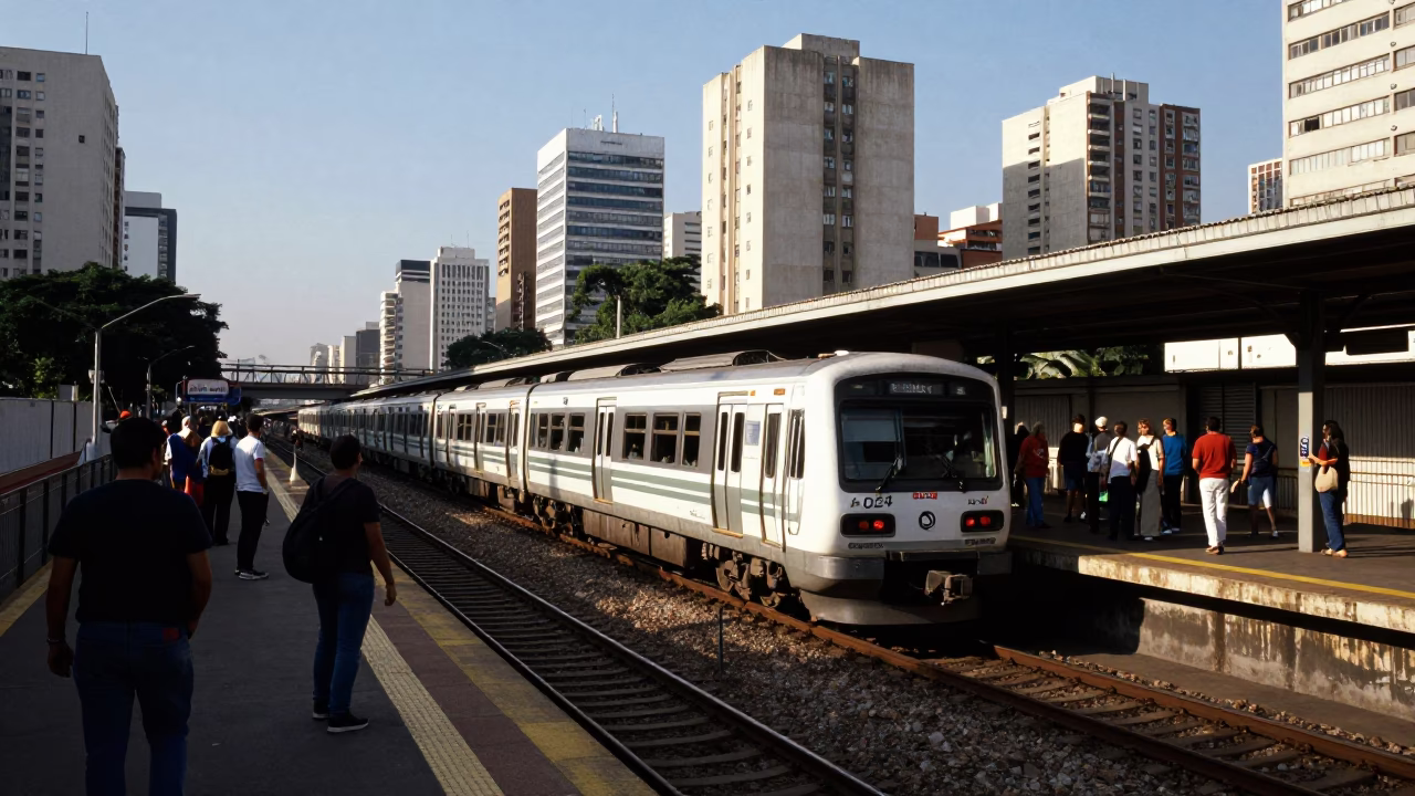 Commuter Train at Platform with Morning Commuters in São Paulo Brazil in in São Paulo, Brazil