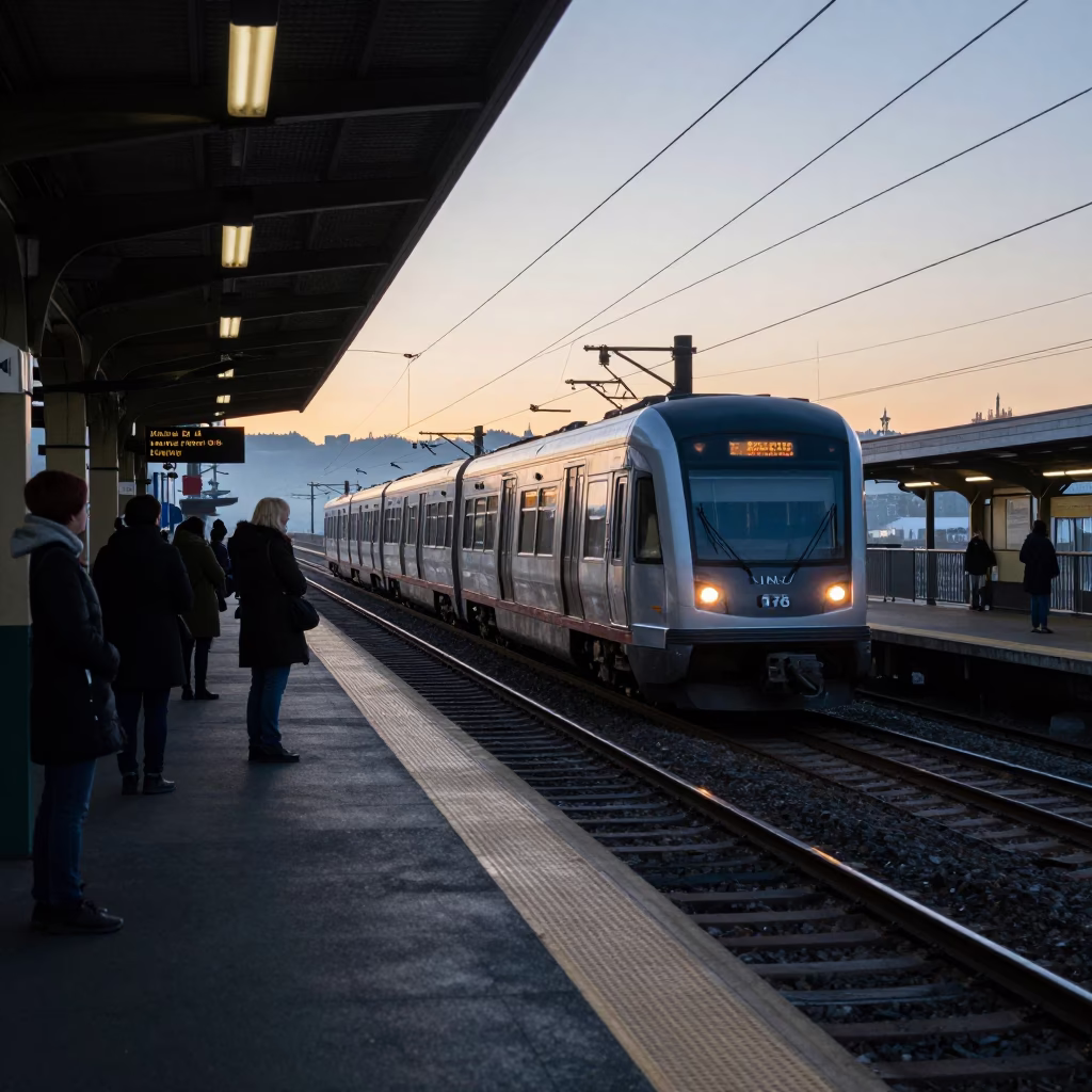 Commuter Train at Seattle Platform with Morning Rush Before Sunrise in in Seattle, Washington, United States