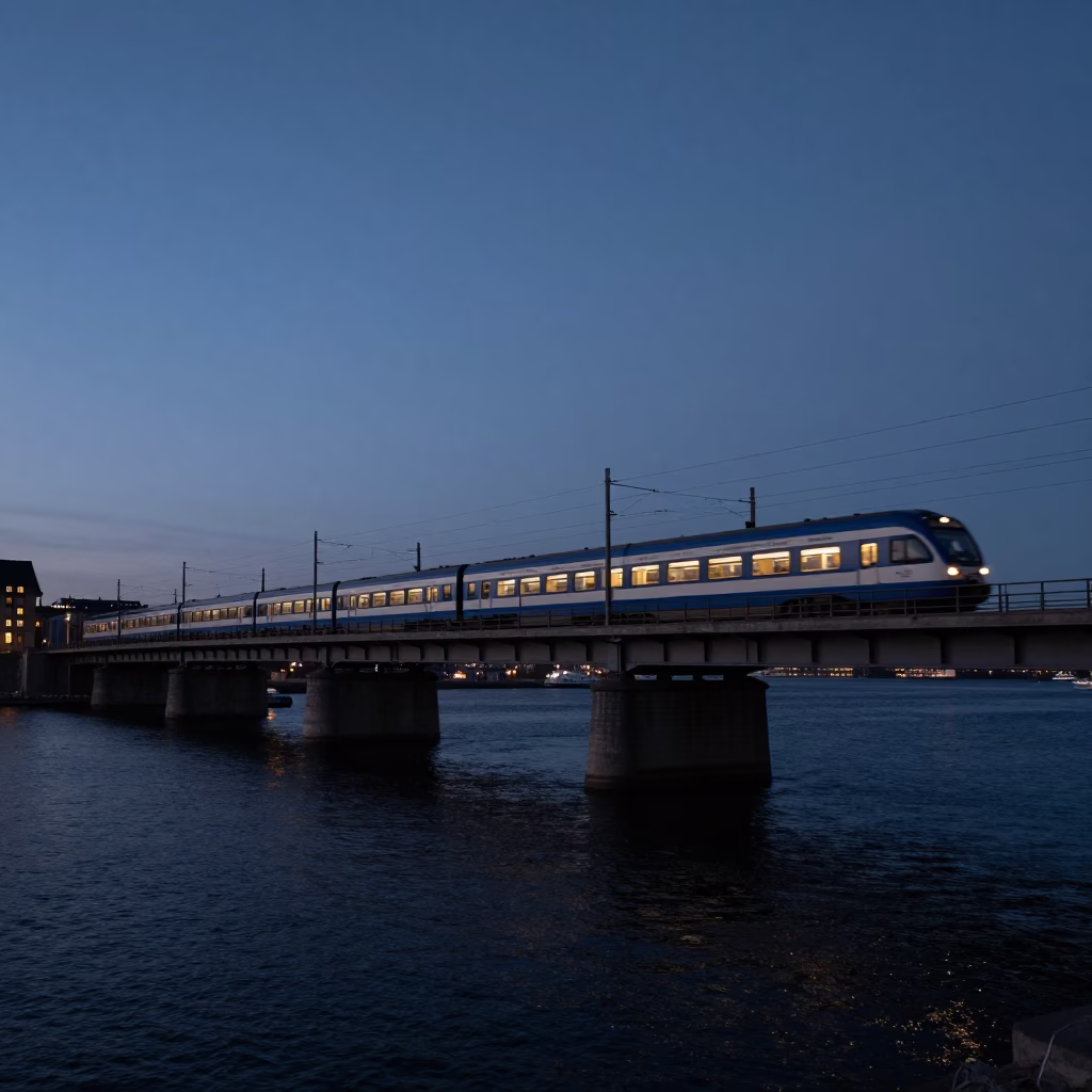Commuter train crossing bridge at blue hour Copenhagen Denmark predawn landscape in in Copenhagen, Denmark