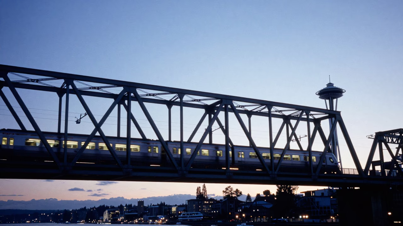 Commuter Train Crossing Bridge at Nautical Dawn in Seattle Washington in in Seattle, Washington, United States