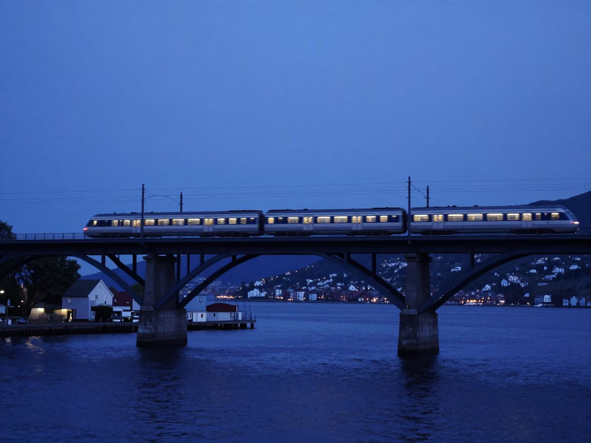 Commuter Train Crossing Bridge in Bergen Norway During Blue Hour Evening Light in in Bergen, Norway