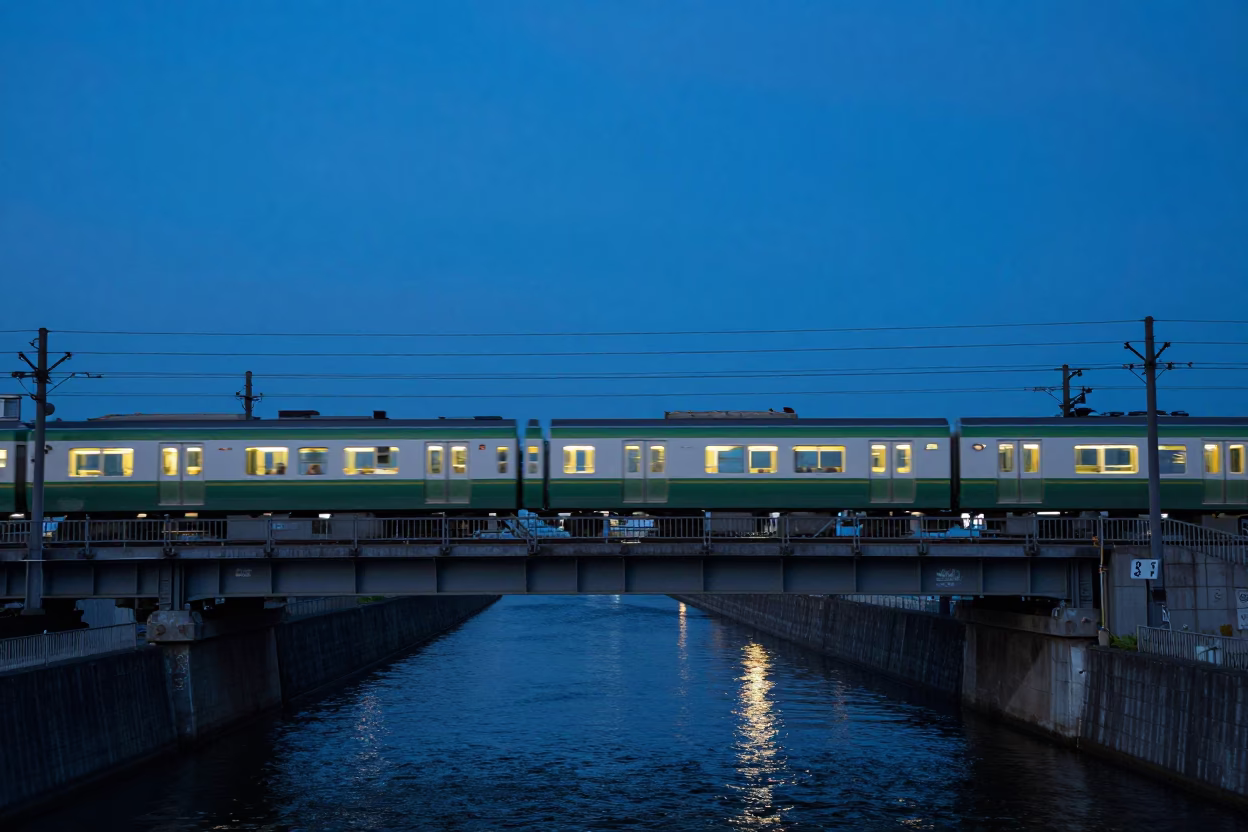Commuter Train Crossing Bridge Over Canal at Blue Hour in Fukuoka Japan in in Fukuoka, Japan