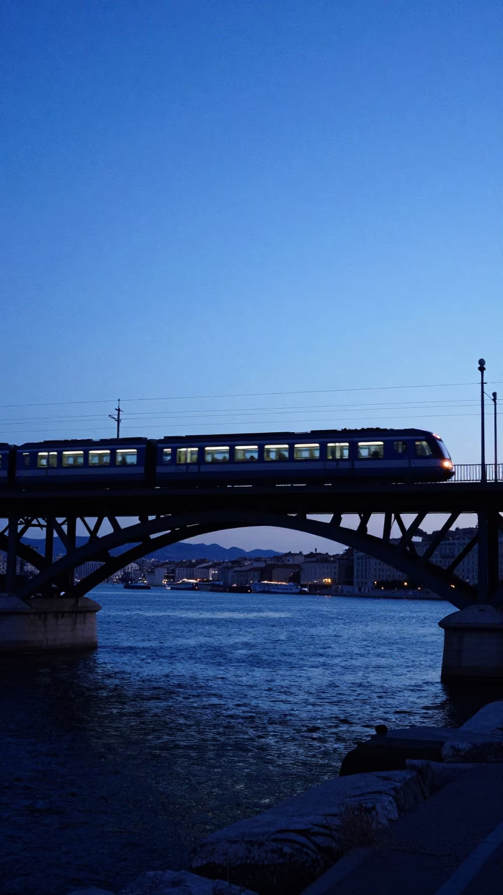 Commuter train crossing bridge over Marseille Vieux Port at blue hour in in Marseille, France