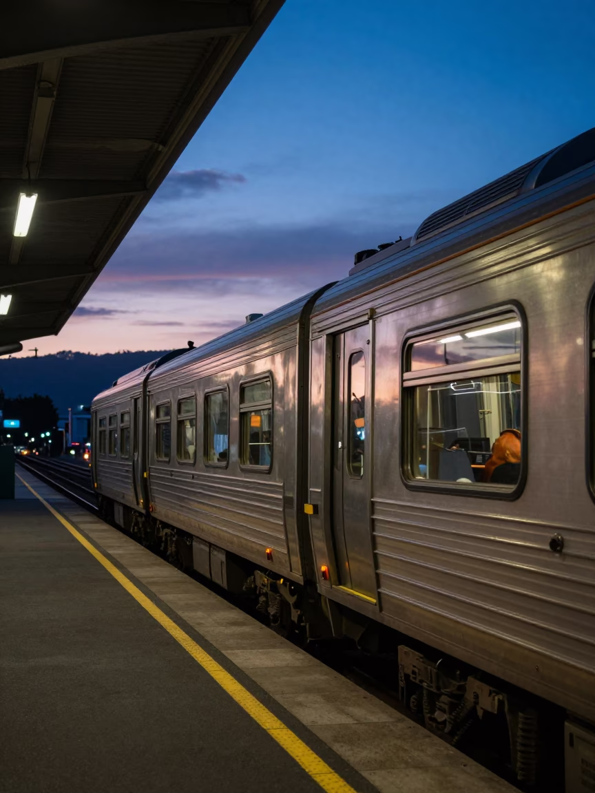 Commuter Train in Wellington at Indigo Twilight After Sunset in in Wellington, New Zealand