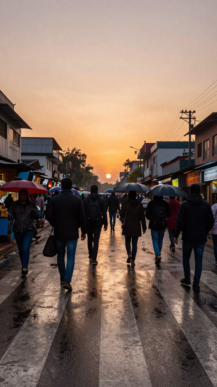 Commuters in Amber Light Guwahati Crosswalk in along a market-lined side street in Guwahati