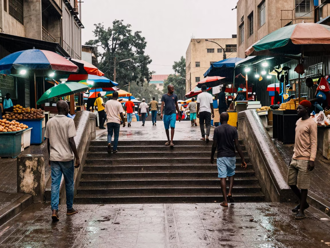 Commuters Ascend Wet Stairs from Khartoum Underpass in along a market-lined side street in Khartoum