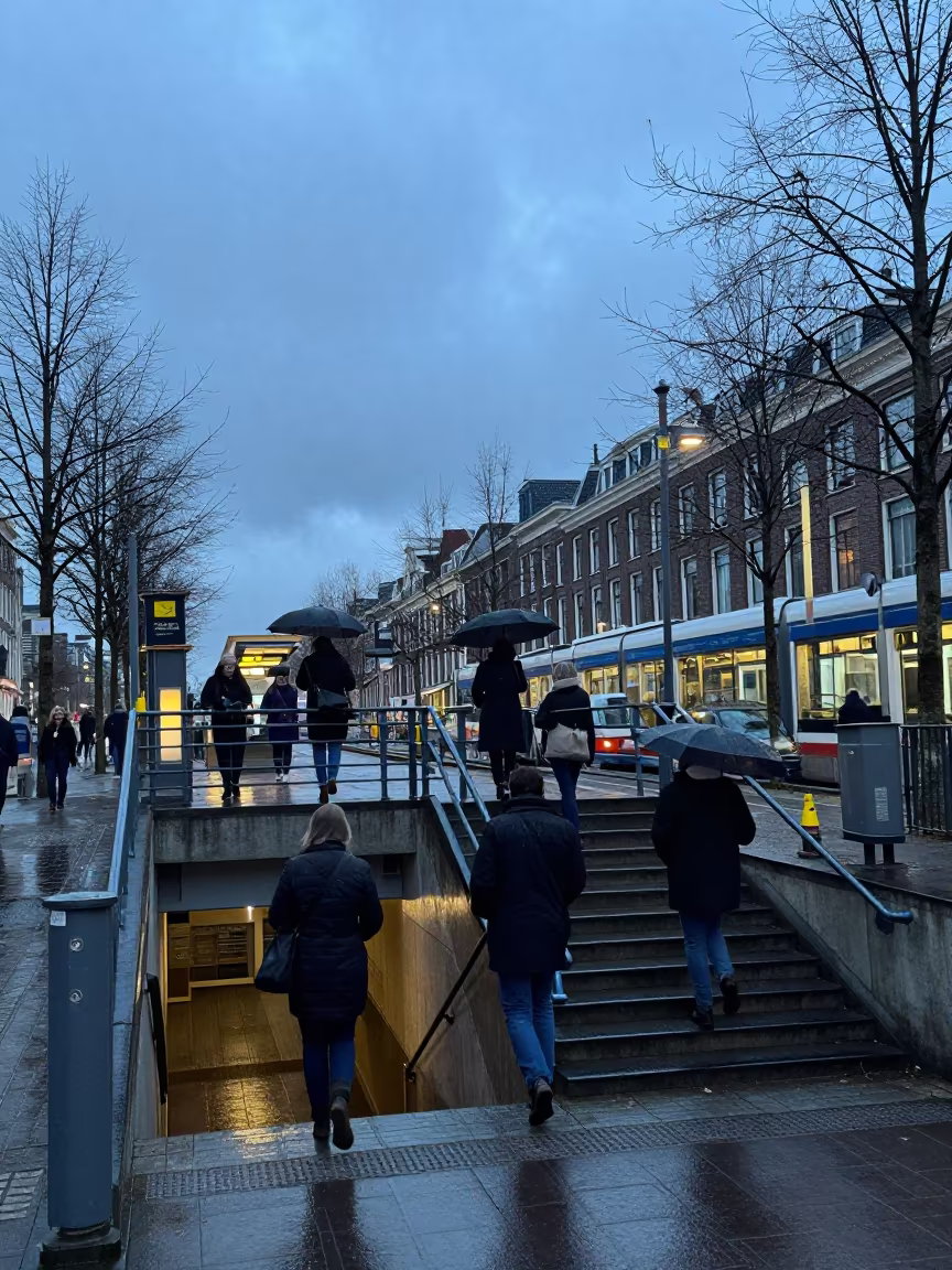 Commuters Ascend Wet Stairs Under Twilight in at a tram stop in The Hague