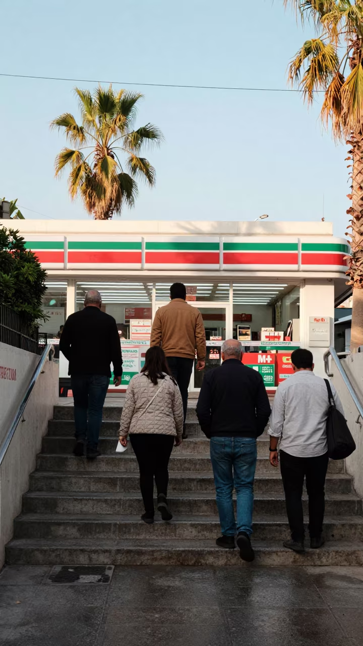 Commuters Ascending Wet Stairs From Baghdad Underpass in outside a fluorescent convenience store in Baghdad