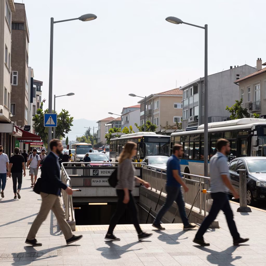 Commuters Blur Under Izmir Midmorning Sun in outside a metro entrance in Izmir