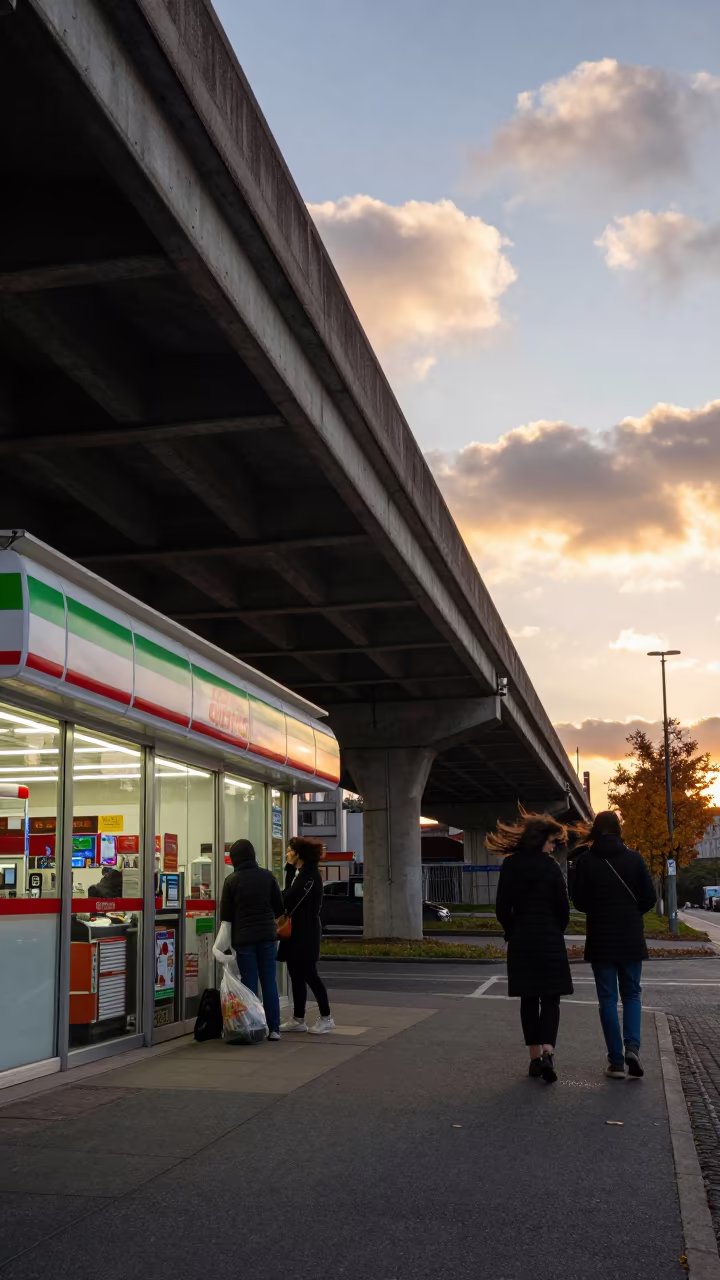 Commuters Bracing Against Wind Under Overpass in outside a fluorescent convenience store in Constantine