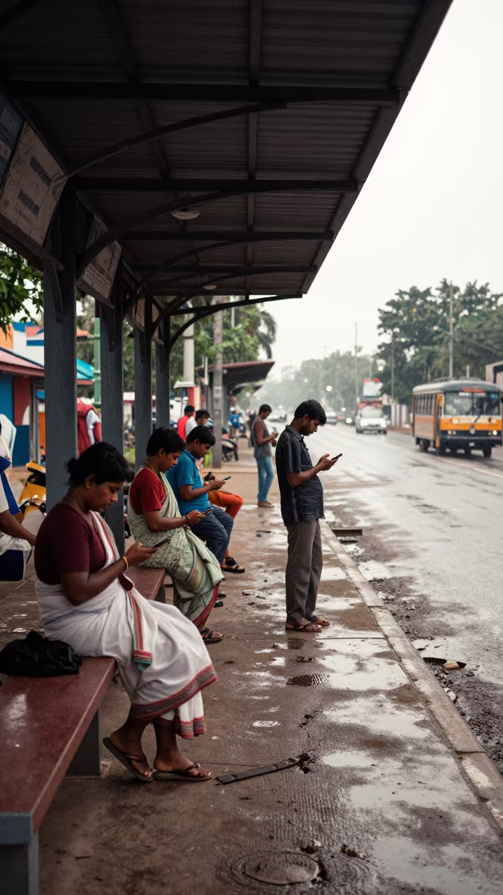 Commuters Check Phones Under Thanjavur Tram Awning in at a tram stop in Thanjavur