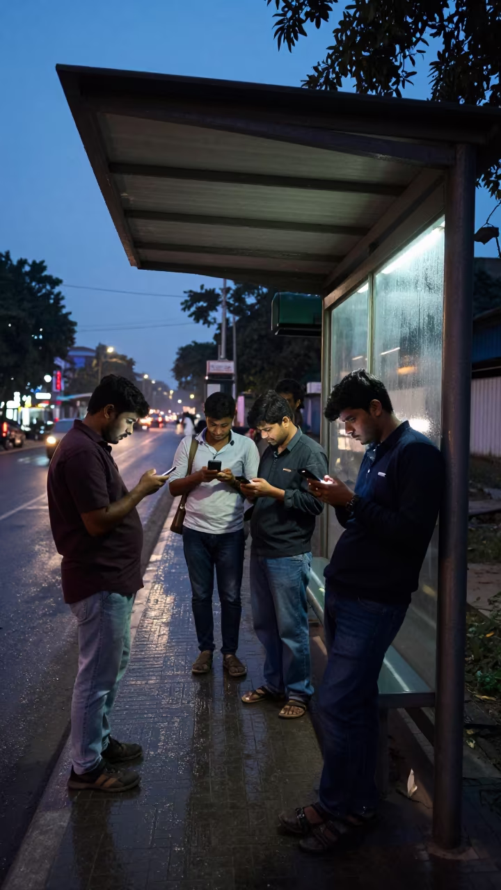 Commuters Check Phones Under Awning In Rain in beside a steamed-up bus shelter in Narsingdi