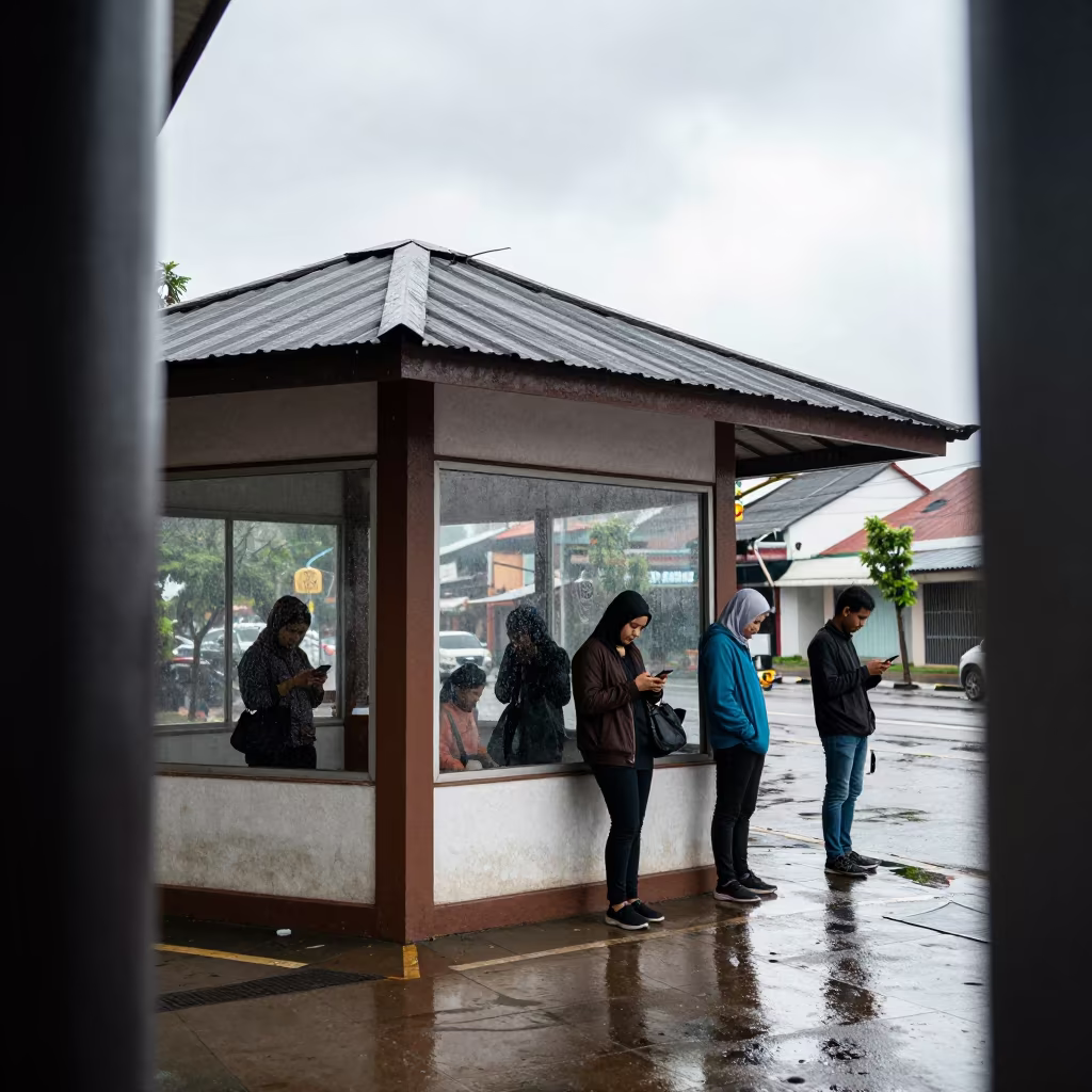 Commuters Check Phones Under Rain Awning in by a rain-darkened kiosk in Kulim