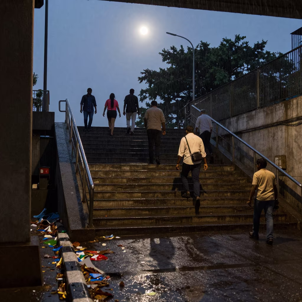 Commuters Climb Wet Stairs From Underpass at Midnight Navi Mumbai in at a tram stop in Navi Mumbai