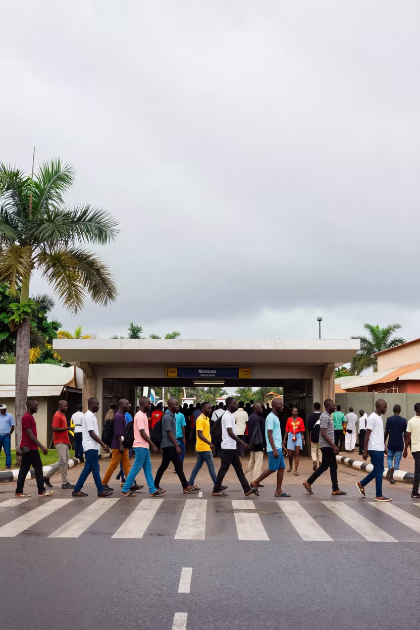 Commuters Cross Abidjan Metro in Bright Overcast Light in outside a metro entrance in Abidjan