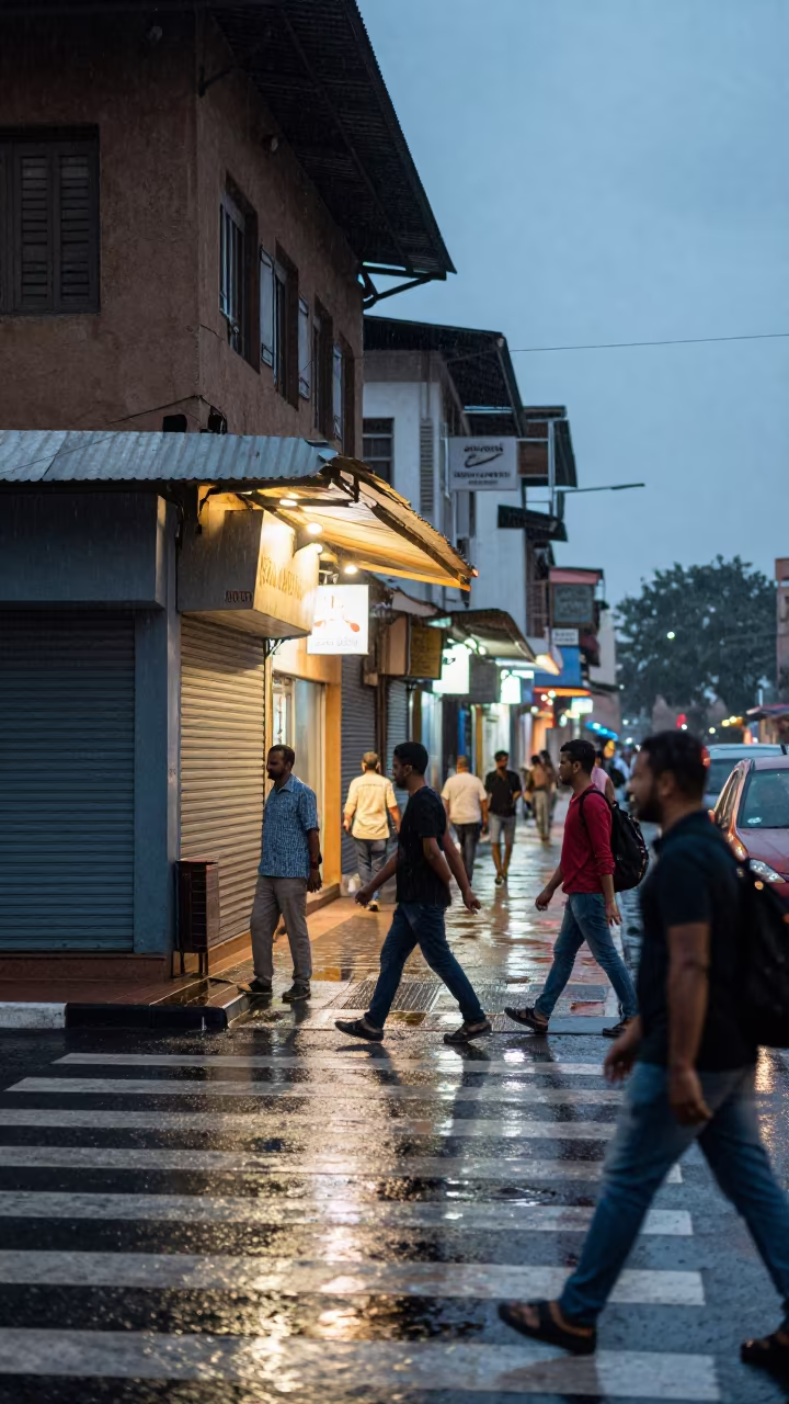 Commuters Cross Rainy Aden Crosswalk at Dusk in along a shuttered arcade in Aden