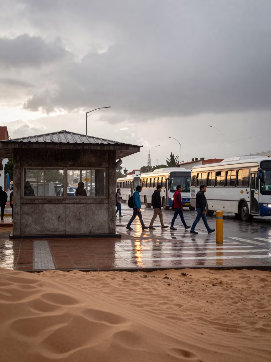 Commuters Cross Sand Floor Oruro Rush Hour in by a rain-darkened kiosk in Oruro